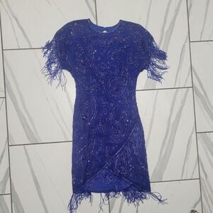 Vintage 80s silk blue beadeds equins party dress with fringe glam size S